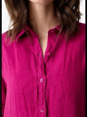 Relaxed Button-Front Linen Blouse in Fuchsia Pink